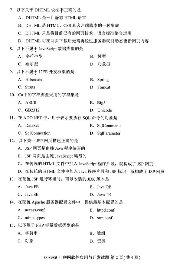 全國2019年4月自考00898互聯網軟件應用與開發試題